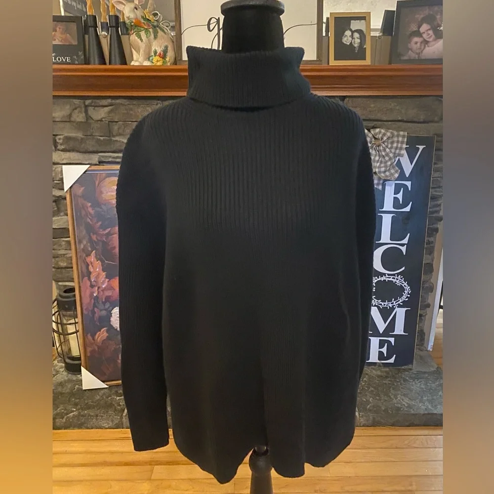 J. Crew Oversized Black Ribbed Turtleneck Sweater Cashmere/Cotton